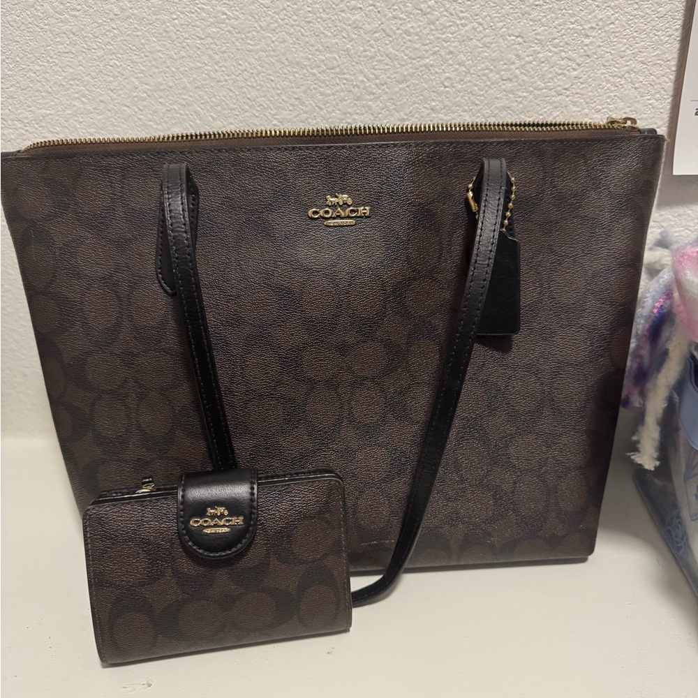 Coach Signature Brown and Black Tote Bag with Wallet